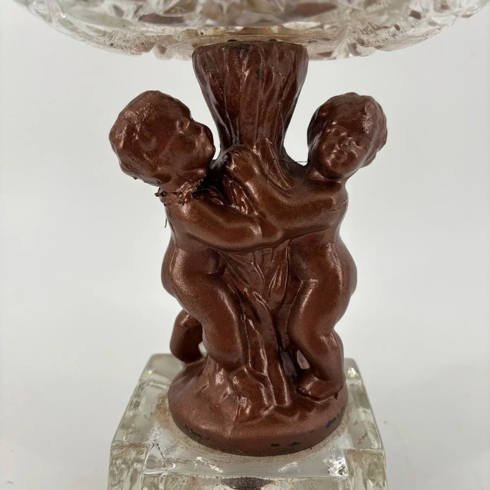 Candy Dish Medium Clear Bronze Cherub Putti Crystal‎ Glass Mythological Regency